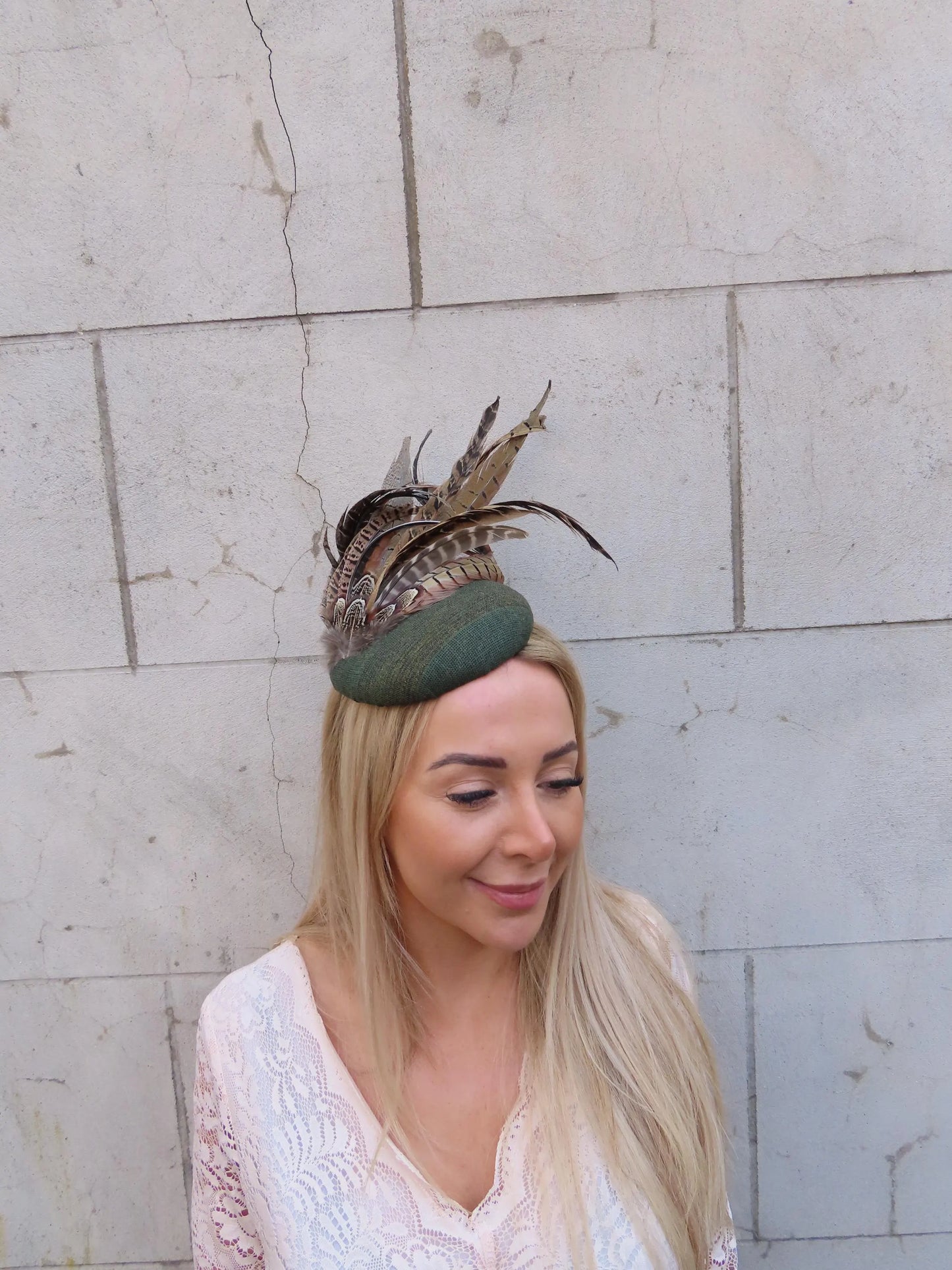 Olive Green & Gold Pheasant Pillbox Hat