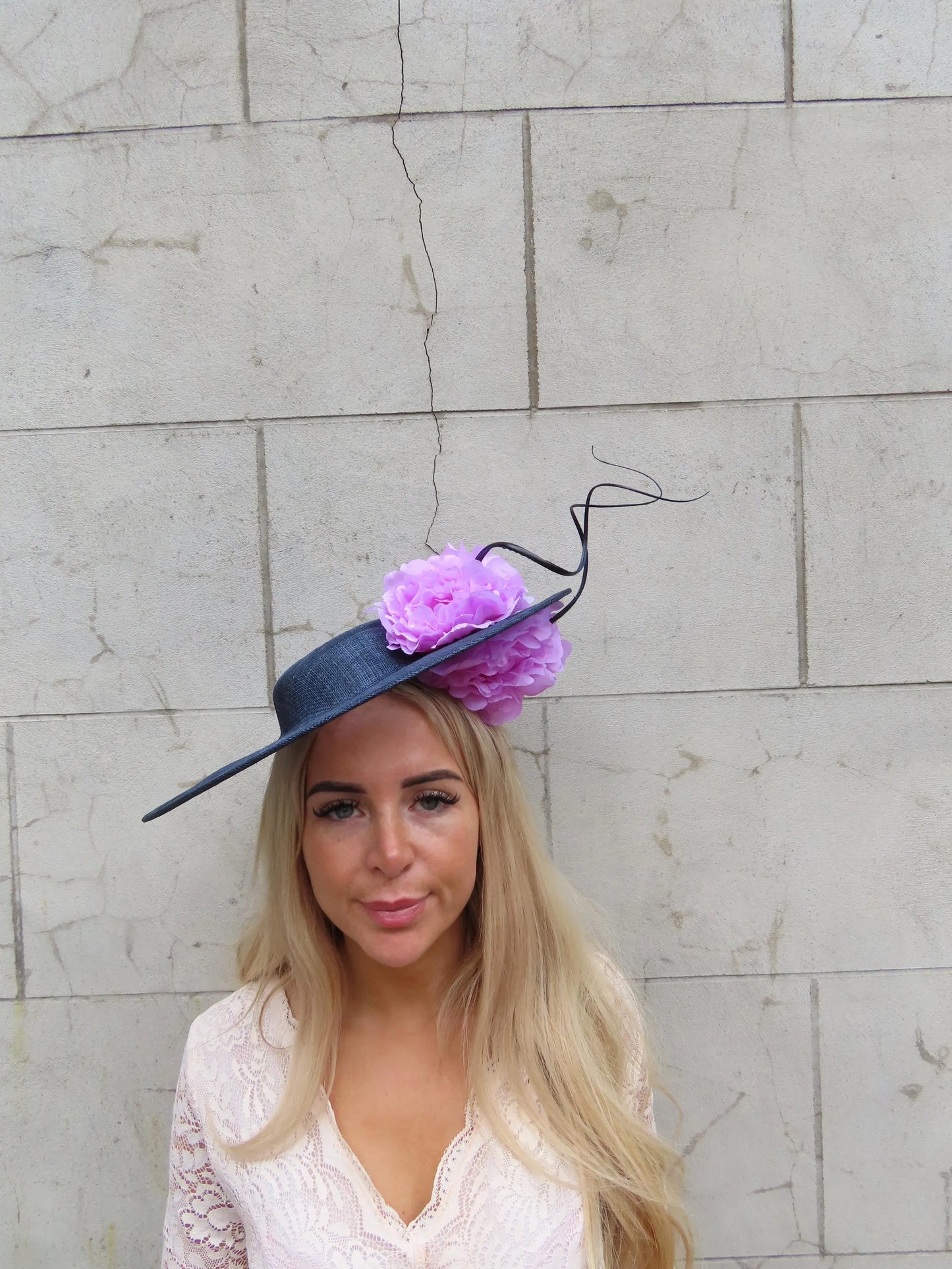 Navy & Lilac Flower Boater Hat