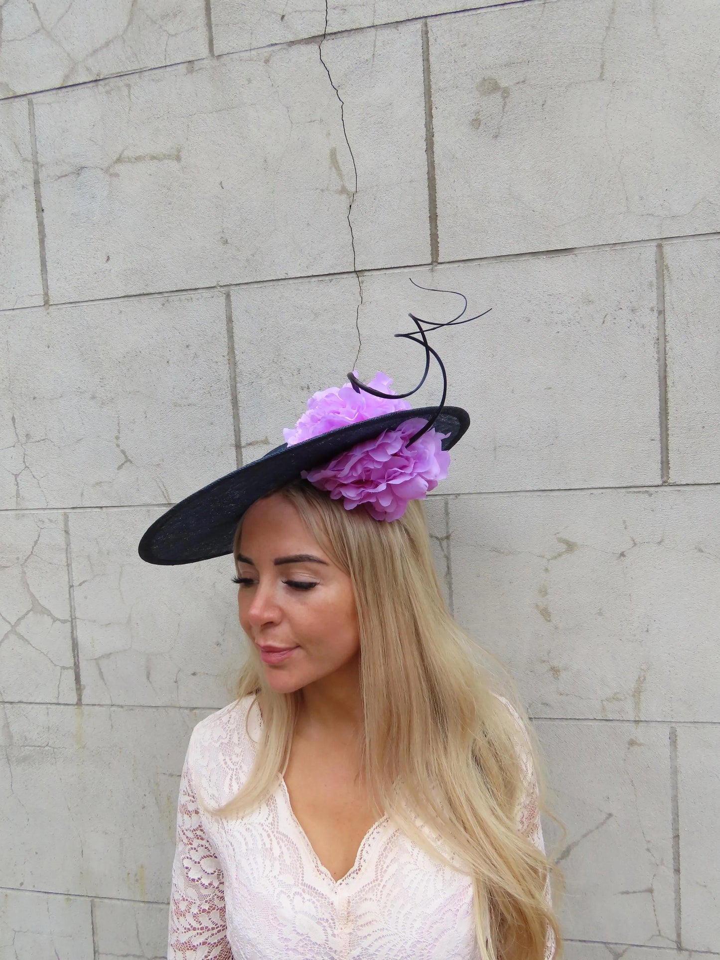 Navy & Lilac Flower Boater Hat