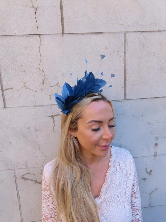 Dusty Blue Feather Fascinator - Thin Headband