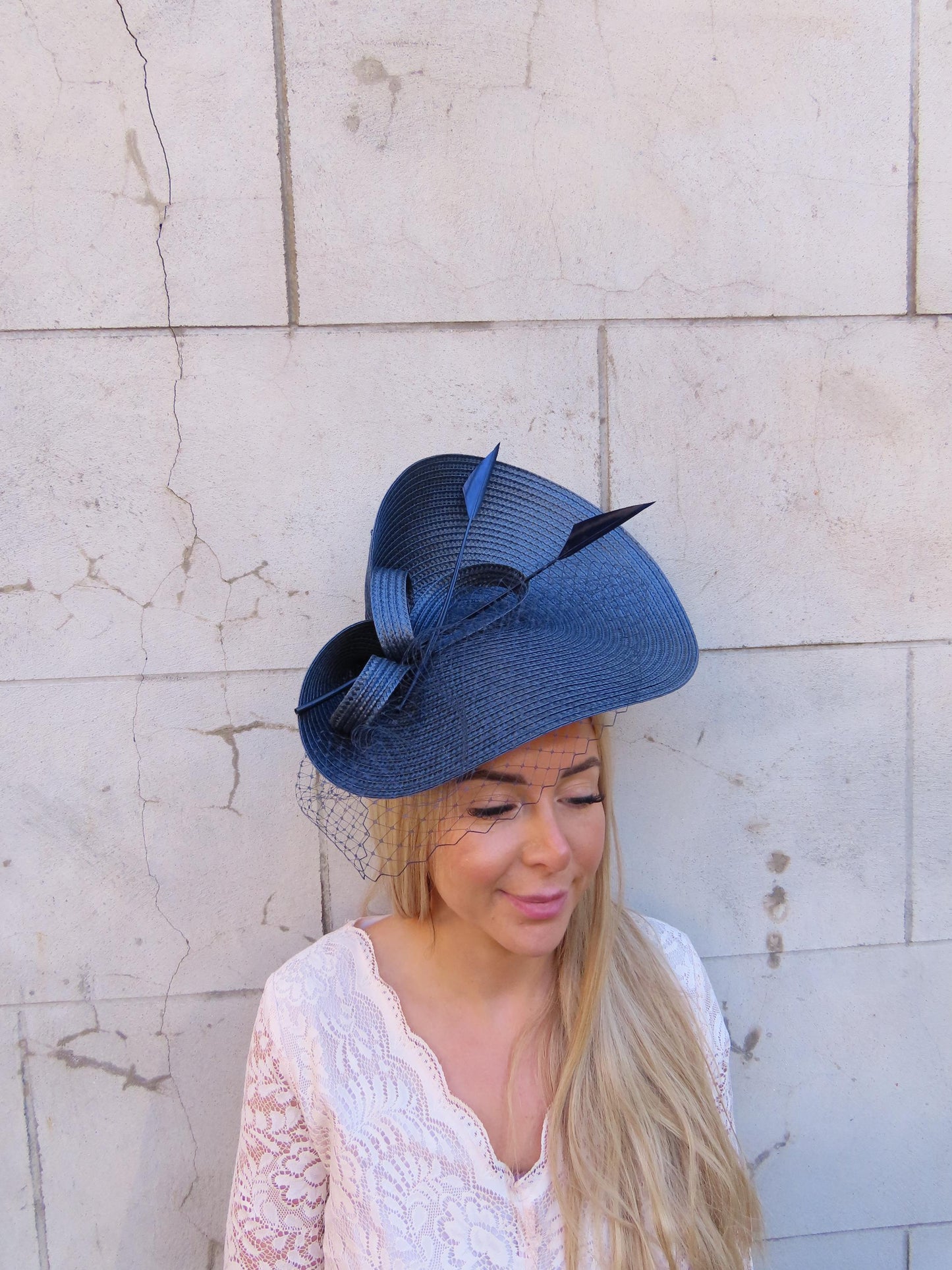 Large Navy Blue Feather Veil Hatinator Races Wedding Guest