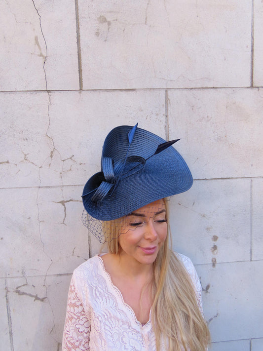 Large Navy Blue Feather Veil Hatinator Races Wedding Guest