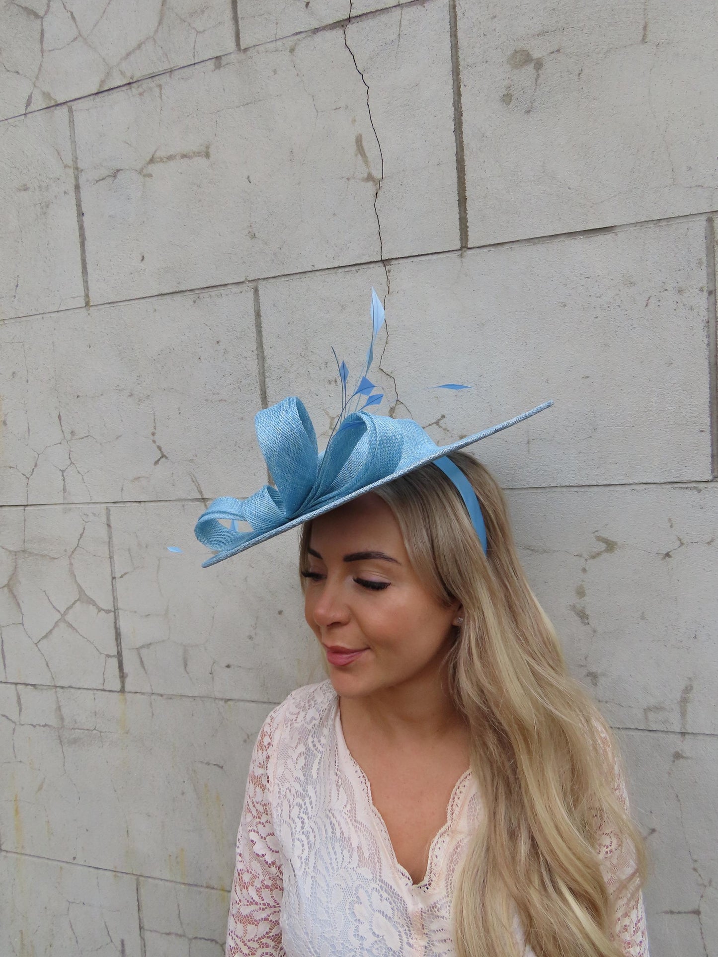 Large Light Blue Feather Sinamay Hat Fascinator Boater Wedding Guest Races