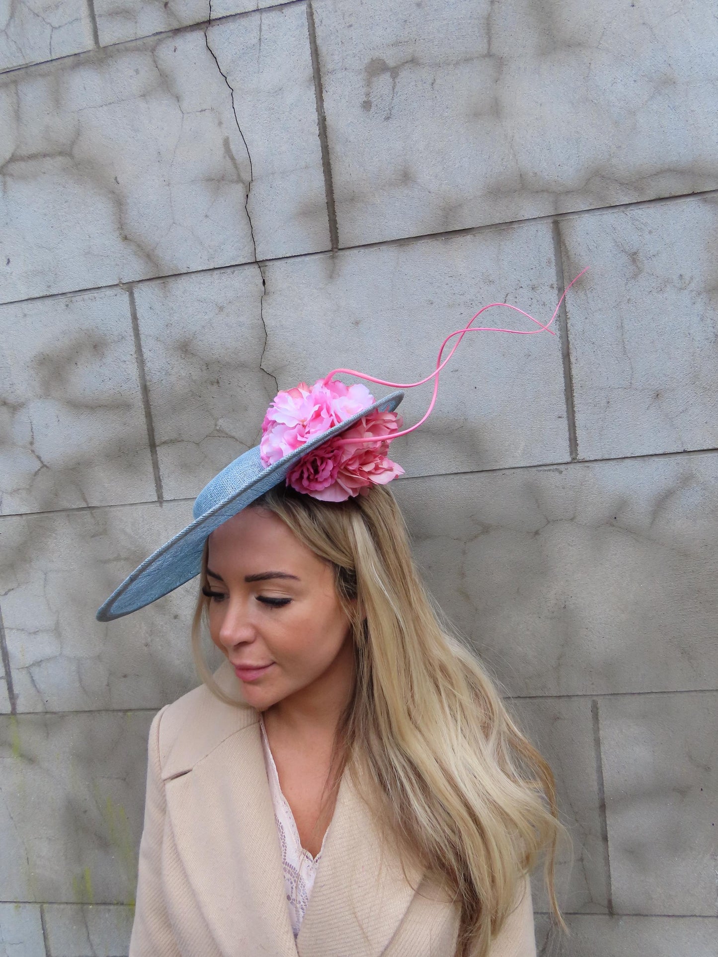 Large Light Pink & Blue Boater Hat