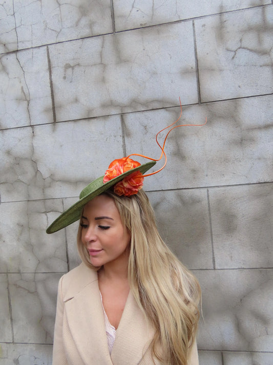 Olive Green & Orange Statement Boater Hat