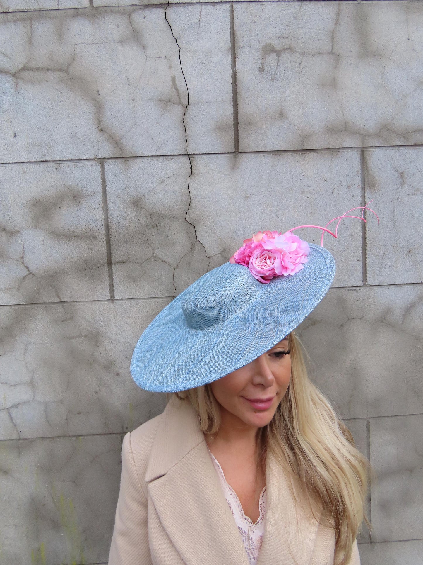 Large Light Pink & Blue Boater Hat