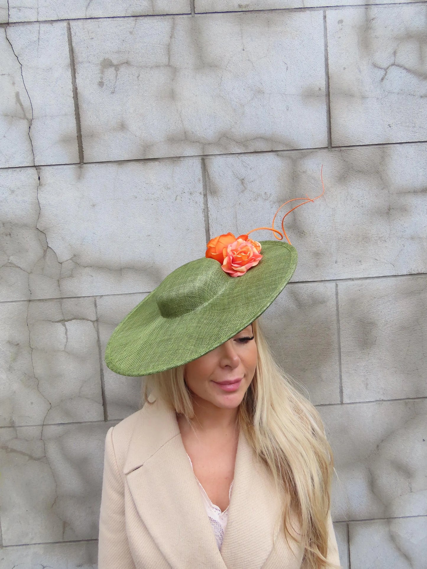 Olive Green & Orange Statement Boater Hat