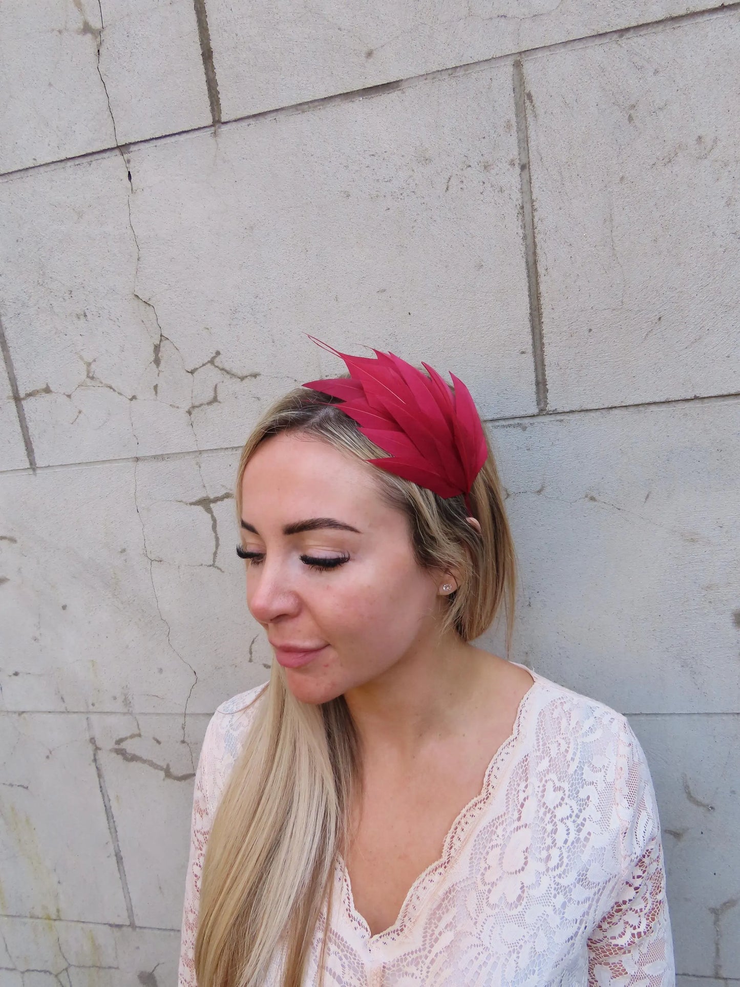 Dark Red Feather Fascinator Thin Headband
