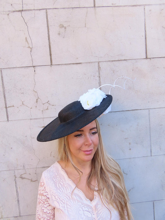 Black & Cream Large Flower Boater Hat