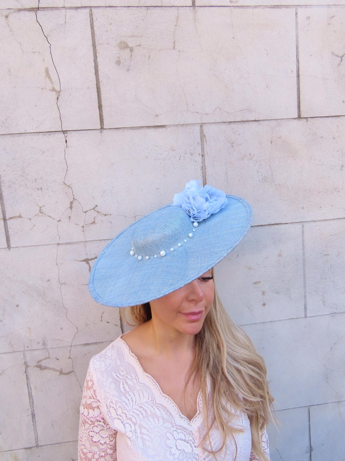 Light Blue & White Pearl Boater Hatinator