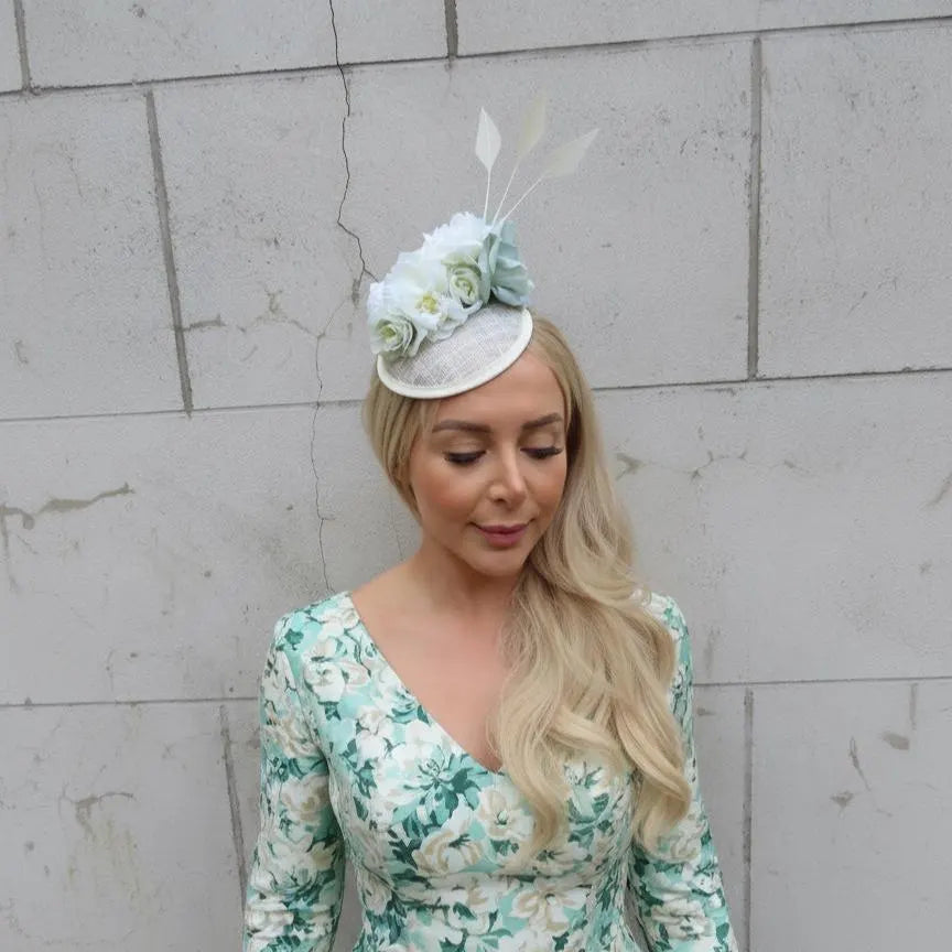Mint Sage Green & Cream Flower Fascinator Hat
