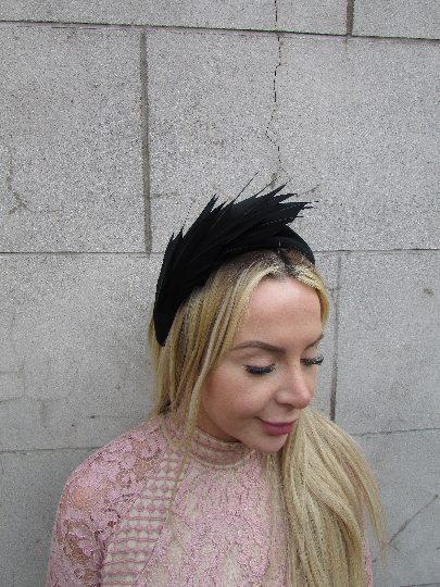 Black Velvet Feather Fascinator Headband Headpiece