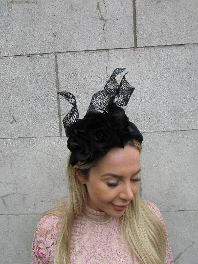 Black Rose Flower Fascinator Headband