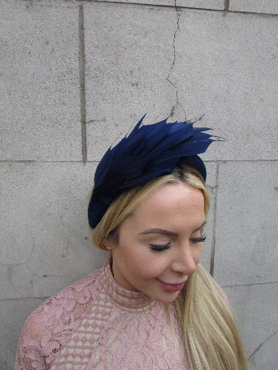Navy Blue Velvet Feather Fascinator